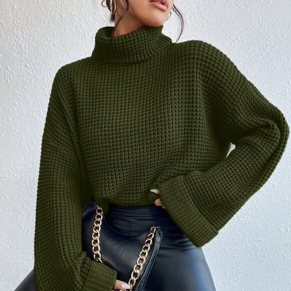 Army Green Casual Women's Turtleneck Long Sleeve Sweater - Picture 3 of 6